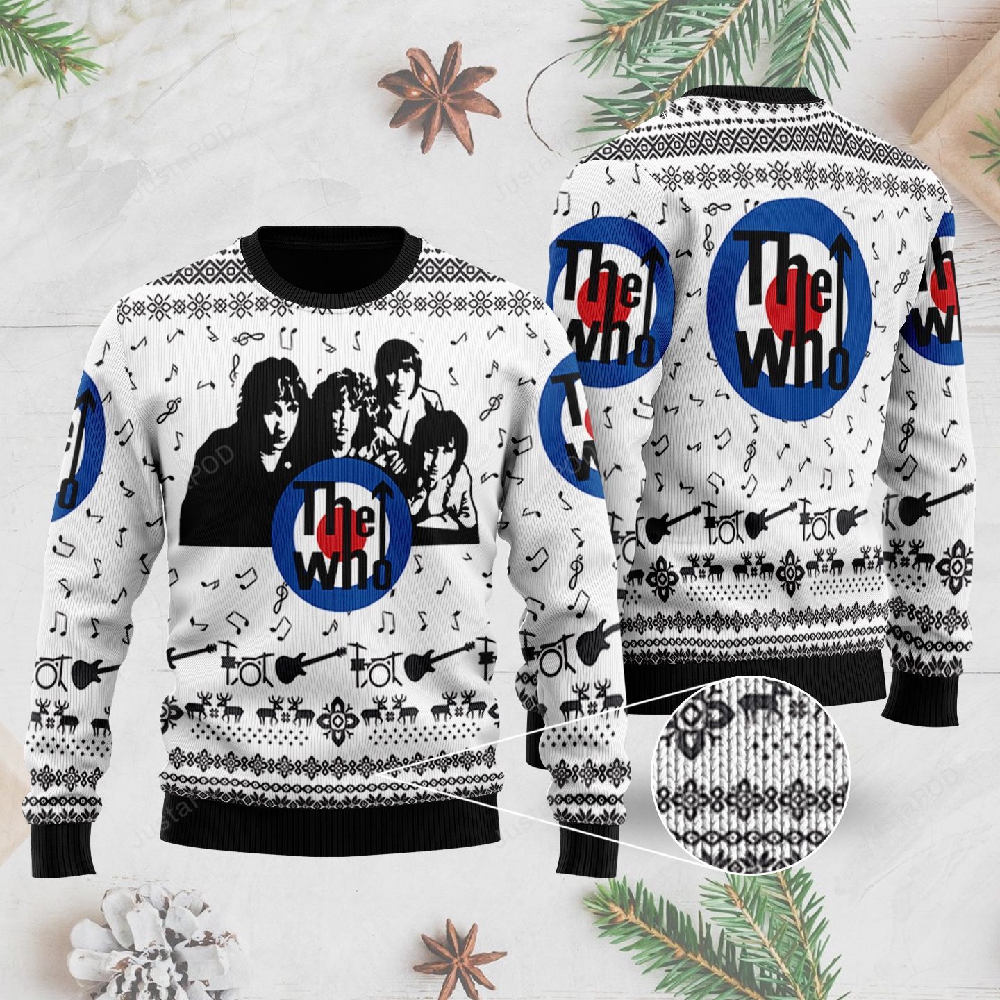 Rock Music The Who Band With Music Notes And Instruments Ugly Christmas Sweater Rock Music The Who Band With Music Notes And Instruments Ugly Christmas Sweater