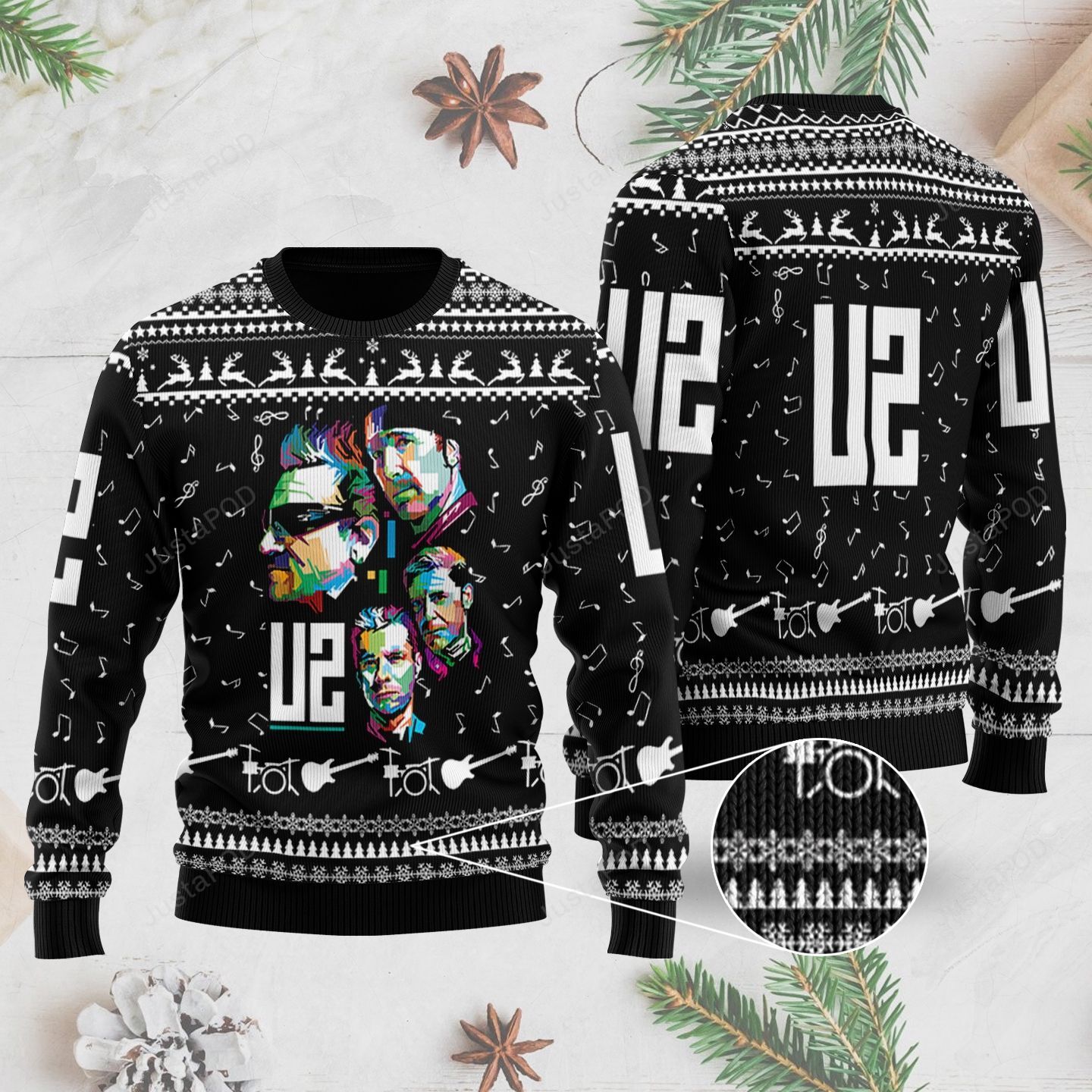 Rock Music U2 Band With Music Notes And Instruments Ugly Christmas Sweater Rock Music U2 Band With Music Notes And Instruments Ugly Christmas Sweater