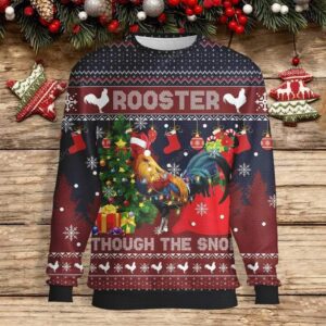 Rooster Through The Snow Red Navy Ugly Christmas Sweater