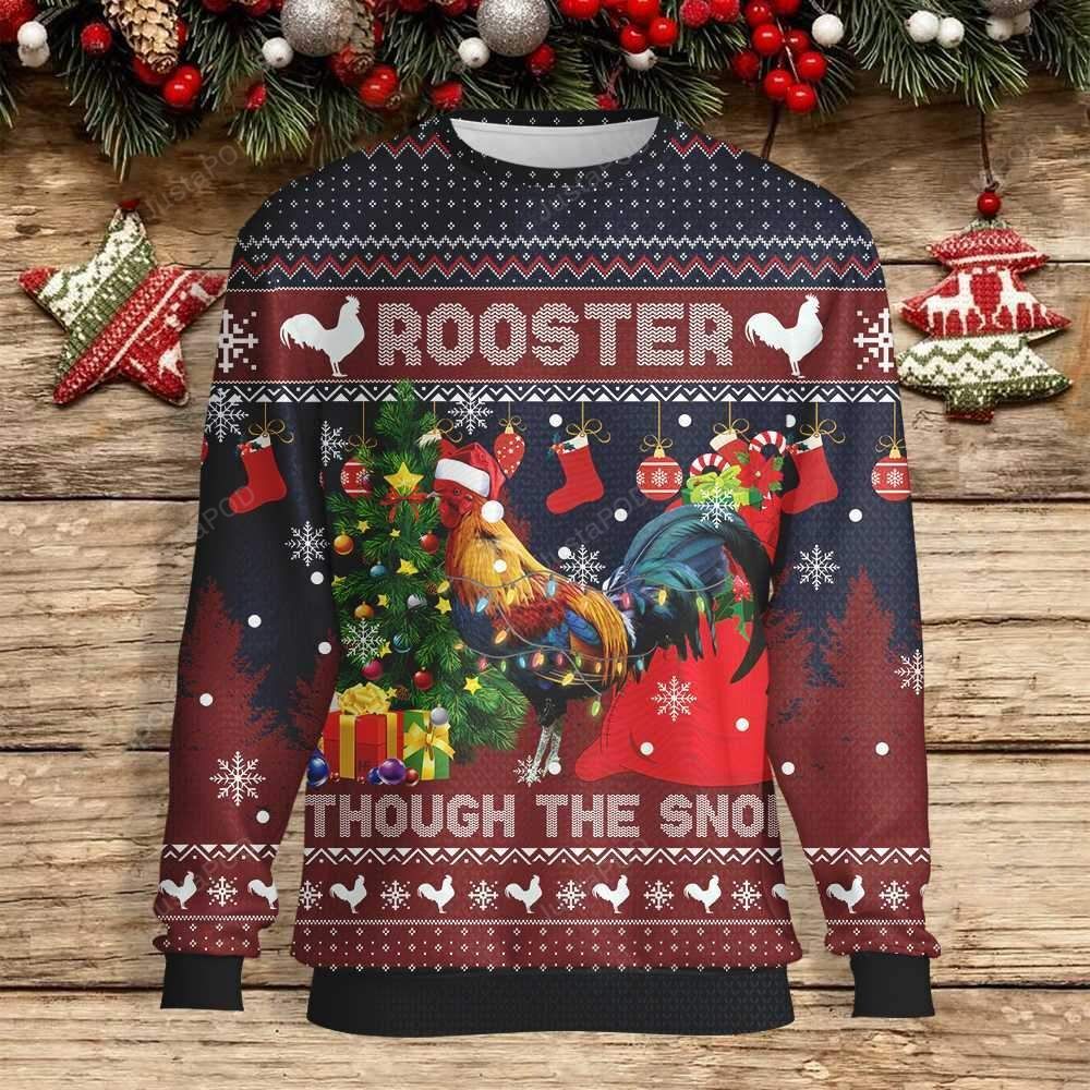 Rooster Through The Snow Red Navy Ugly Christmas Sweater Rooster Through The Snow Red Navy Ugly Christmas Sweater