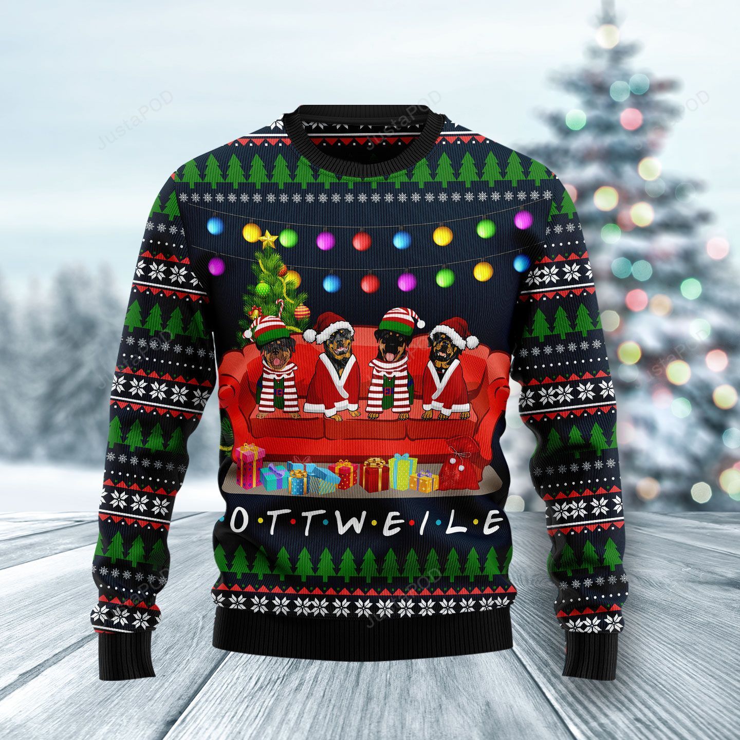 Rottweiler Friends On Red Sofa Ugly Christmas Sweater Rottweiler Friends On Red Sofa Ugly Christmas Sweater