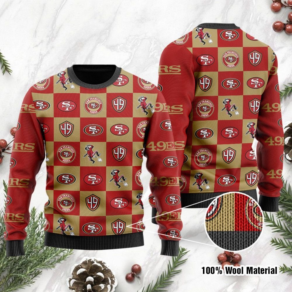 San Francisco 49ers Logo Checkered Flannel Ugly Christmas Sweater San Francisco 49ers Logo Checkered Flannel Ugly Christmas Sweater