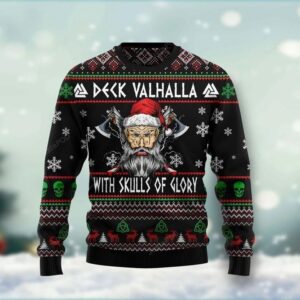 Santa Clause Viking Deck Valhalla With Skulls Of Glory Ugly Christmas Sweater