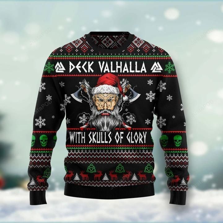 Santa Clause Viking Deck Valhalla With Skulls Of Glory Ugly Christmas Sweater Santa Clause Viking Deck Valhalla With Skulls Of Glory Ugly Christmas Sweater