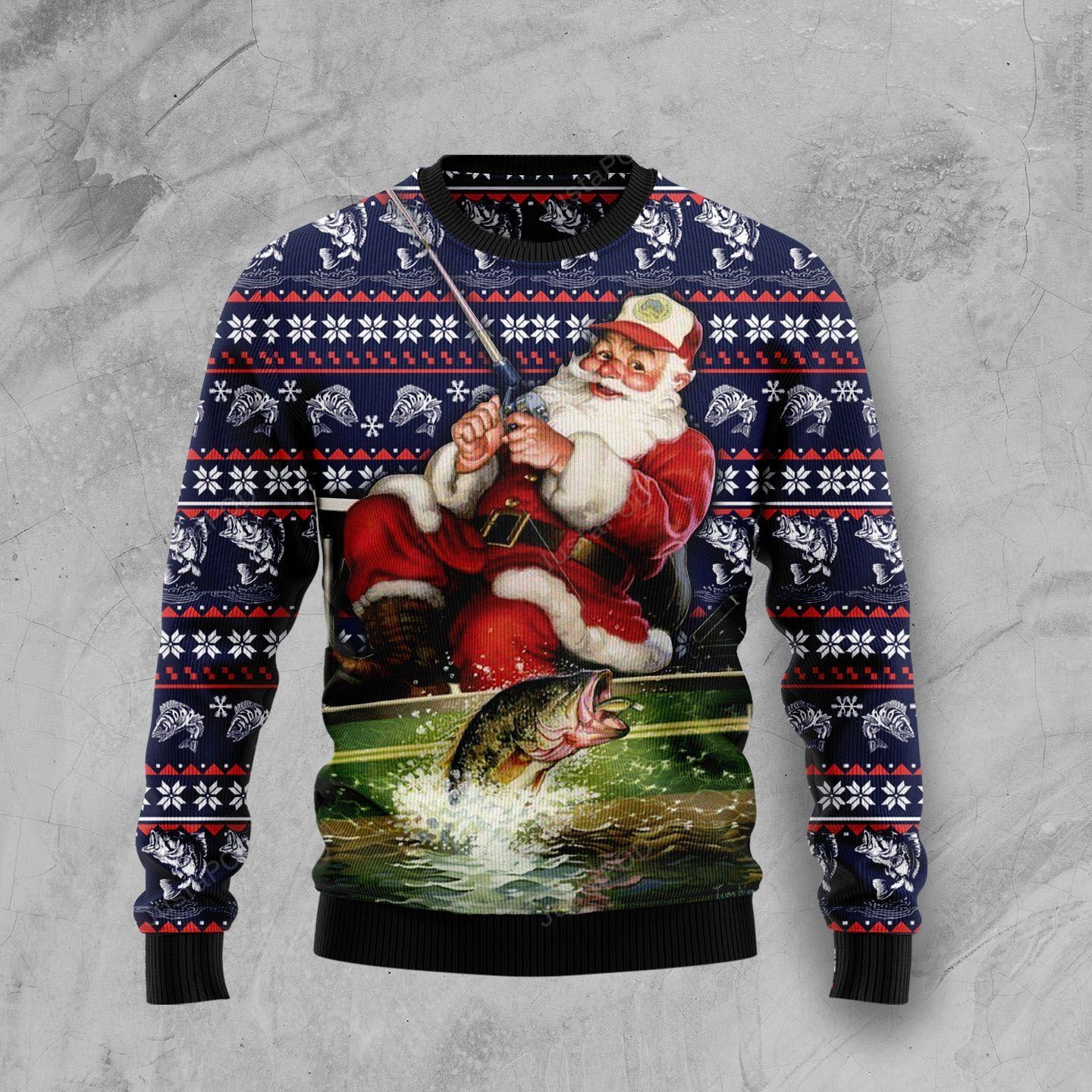 Santa Fishing Ugly Christmas Sweater Santa Fishing Ugly Christmas Sweater