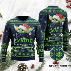 Seattle Seahawks Cute Baby Yoda Grogu Holiday Party Ugly Christmas Sweater