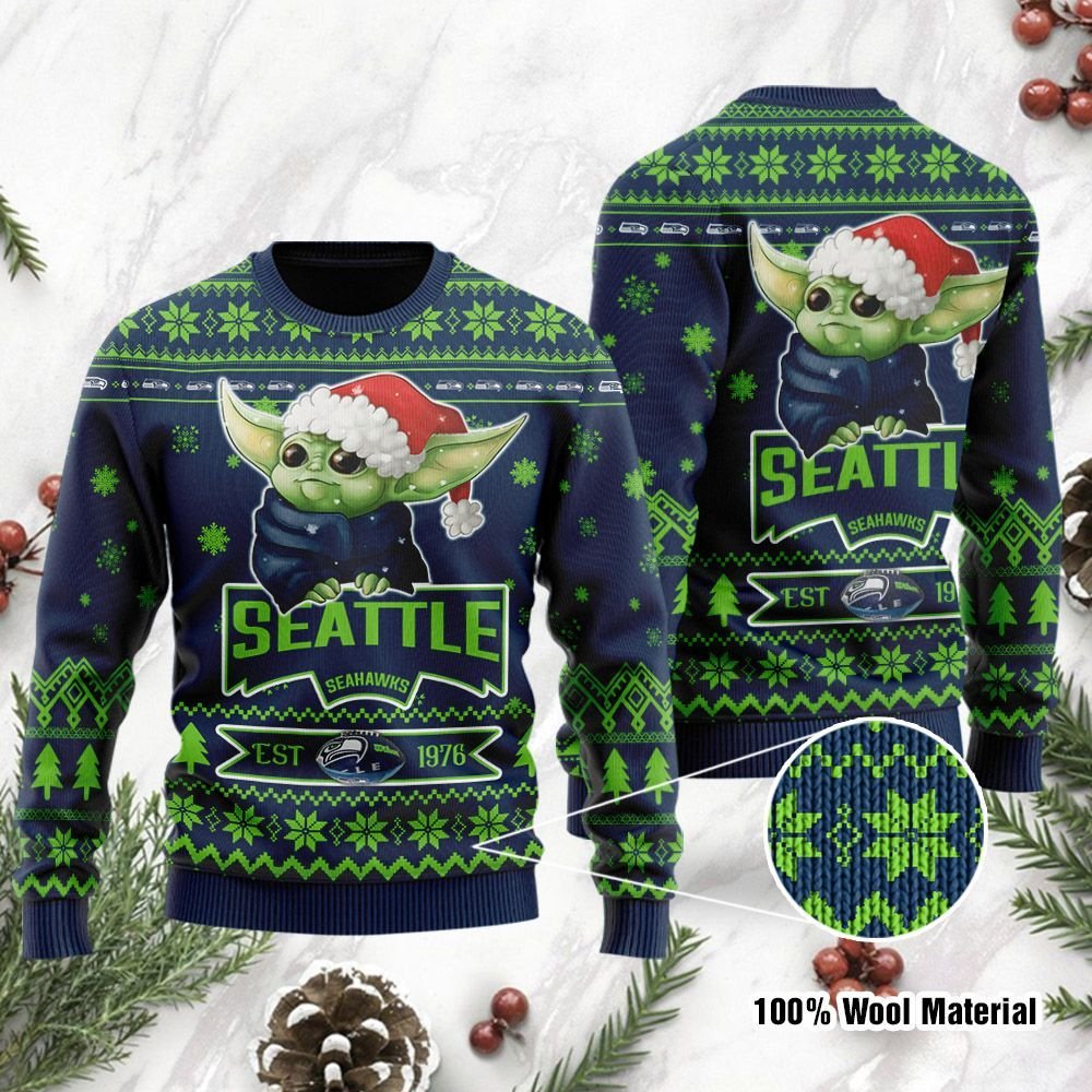 Seattle Seahawks Cute Baby Yoda Grogu Holiday Party Ugly Christmas Sweater Seattle Seahawks Cute Baby Yoda Grogu Holiday Party Ugly Christmas Sweater