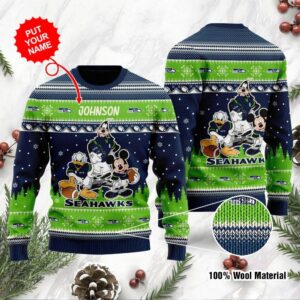 Seattle Seahawks Disney Donald Duck Mickey Mouse Goofy Personalized Ugly Christmas Sweater