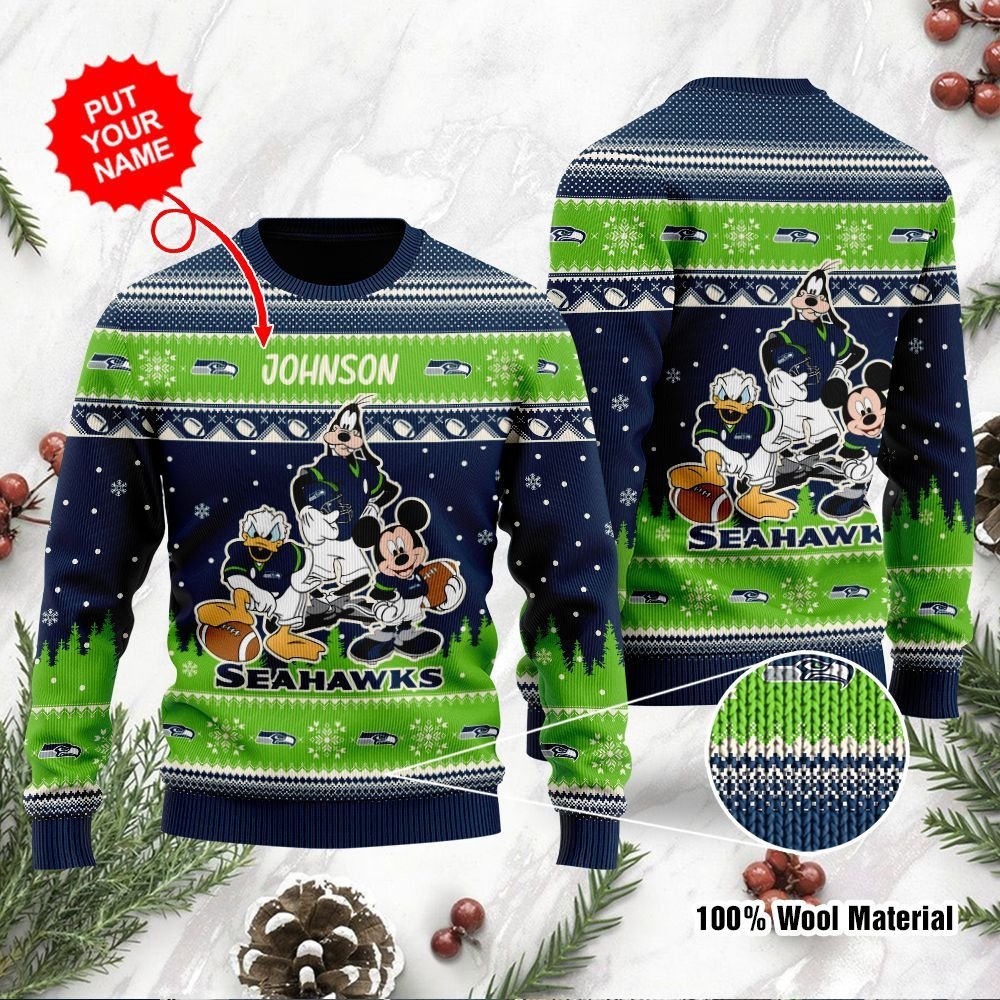 Seattle Seahawks Disney Donald Duck Mickey Mouse Goofy Personalized Ugly Christmas Sweater Seattle Seahawks Disney Donald Duck Mickey Mouse Goofy Personalized Ugly Christmas Sweater