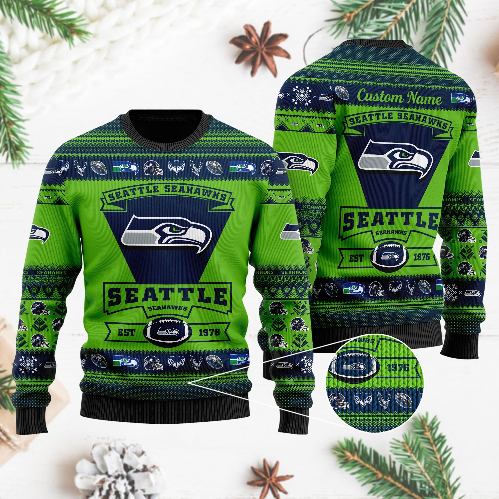 Seattle Seahawks Football Team Logo Custom Name Personalized Ugly Christmas Sweater Seattle Seahawks Football Team Logo Custom Name Personalized Ugly Christmas Sweater