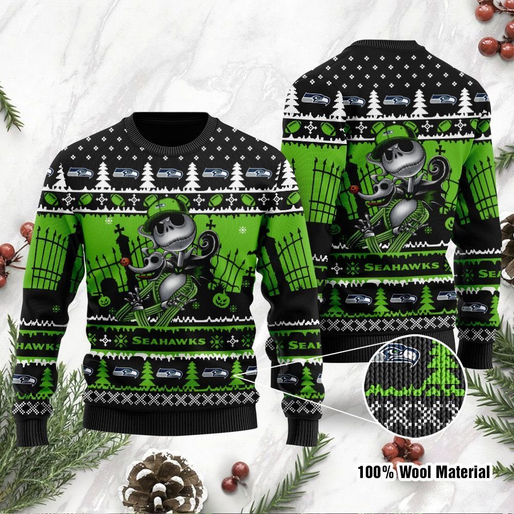 Seattle Seahawks Jack Skellington Halloween Ugly Christmas Sweater Seattle Seahawks Jack Skellington Halloween Ugly Christmas Sweater