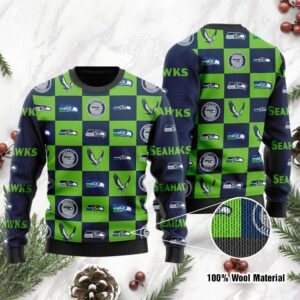 Seattle Seahawks Logo Checkered Flannel Design Ugly Christmas Sweater