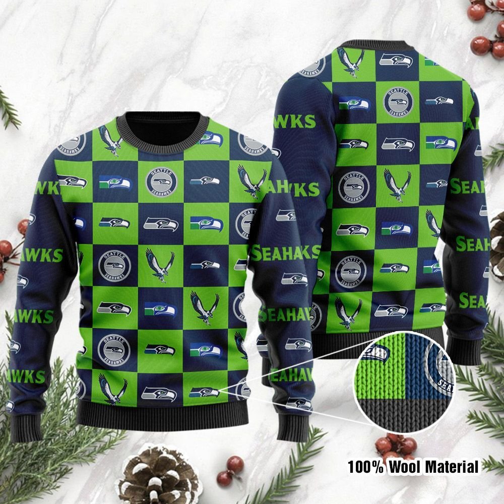 Seattle Seahawks Logo Checkered Flannel Ugly Christmas Sweater Seattle Seahawks Logo Checkered Flannel Ugly Christmas Sweater