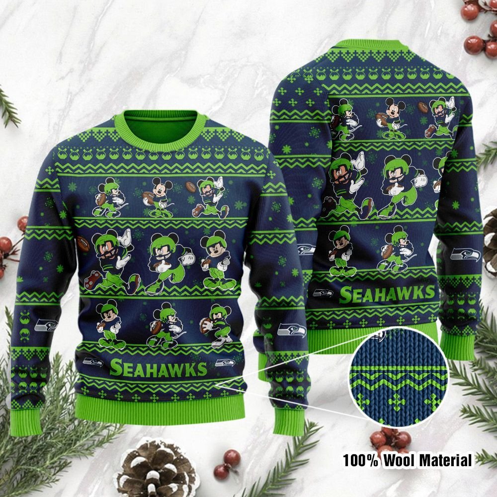 Seattle Seahawks Mickey Mouse Holiday Party Ugly Christmas Sweater Seattle Seahawks Mickey Mouse Holiday Party Ugly Christmas Sweater