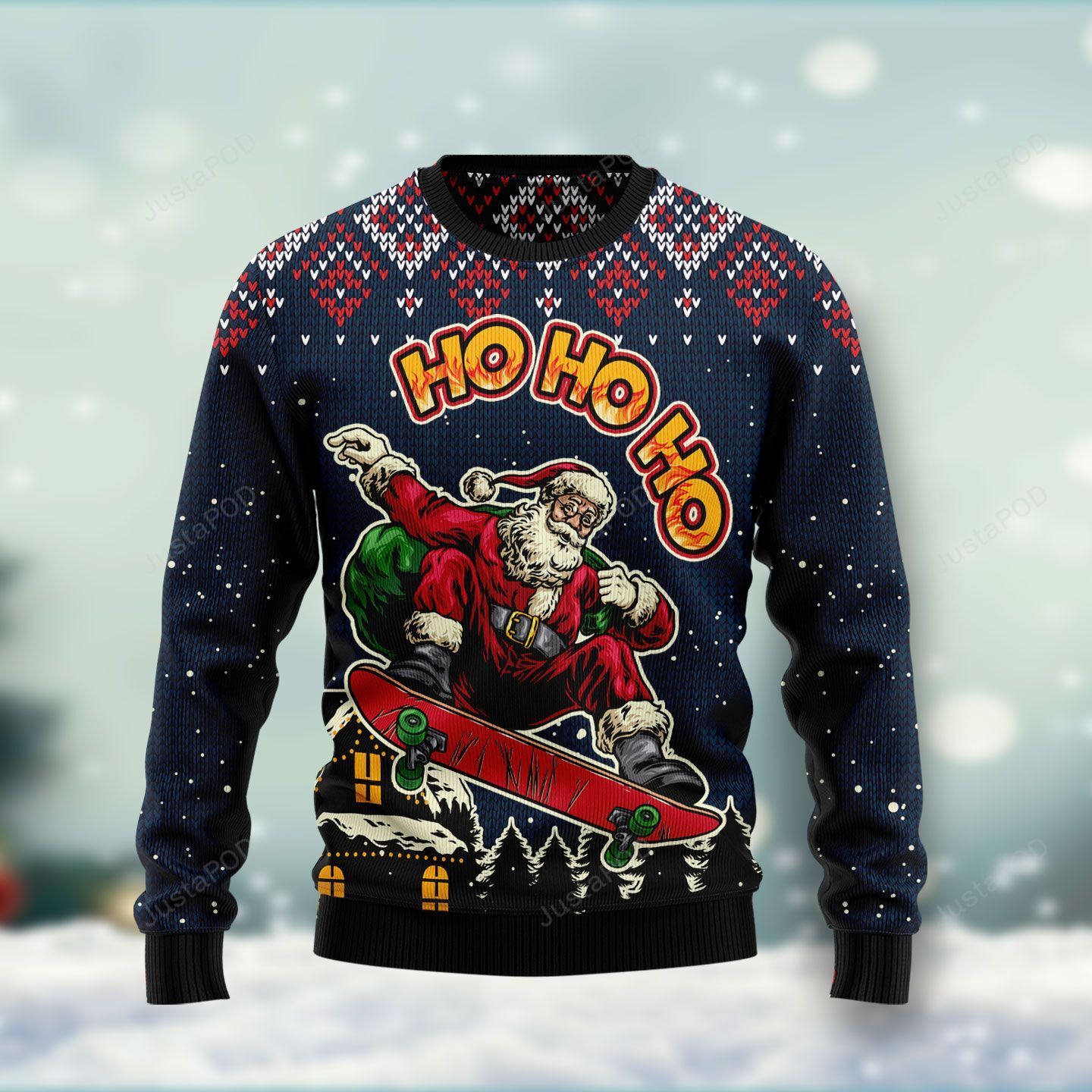 Skater Santa Claus Ho Ho Ho Ugly Christmas Sweater Skater Santa Claus Ho Ho Ho Ugly Christmas Sweater