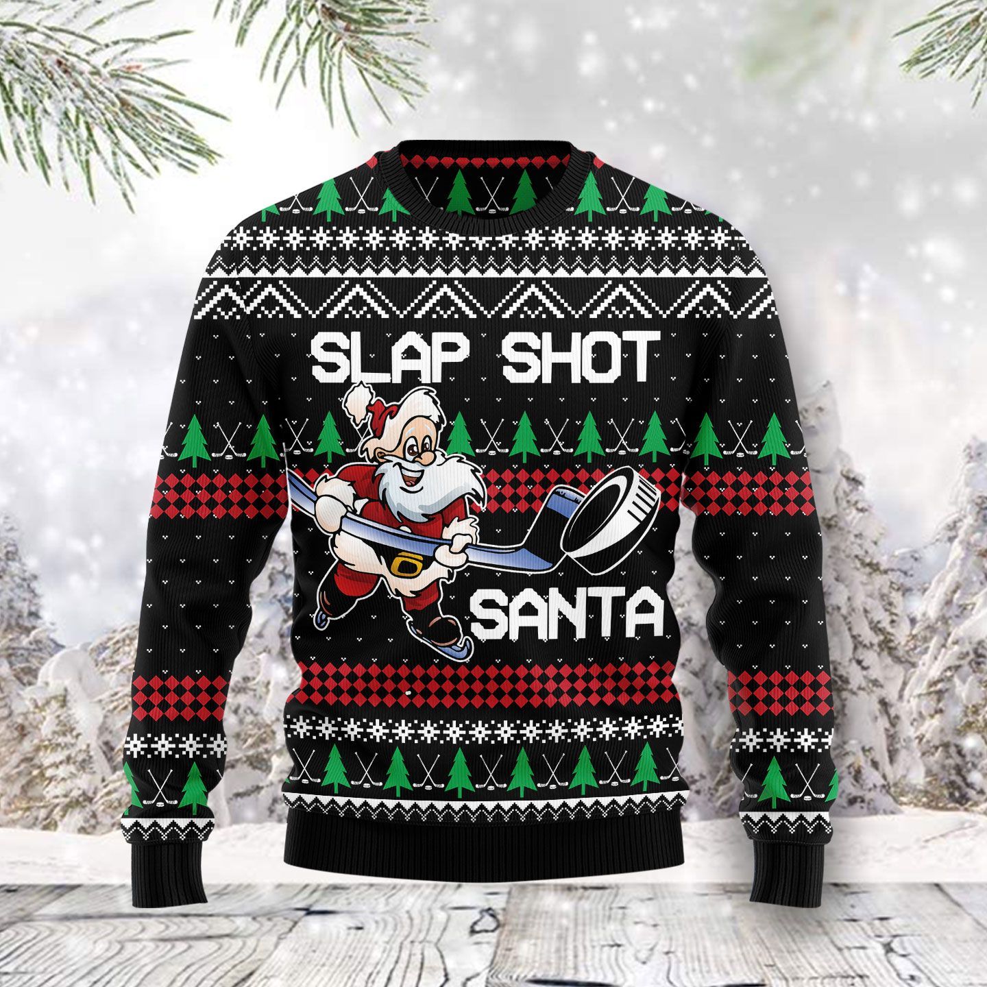 Slap Shot Santa Ugly Christmas Sweater Slap Shot Santa Ugly Christmas Sweater