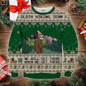 Sloth Hiking Team Green Ugly Christmas Sweater