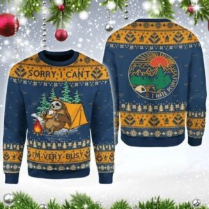 Sorry I can’t Lazy Sloth Navy Blue Ugly Christmas Sweater