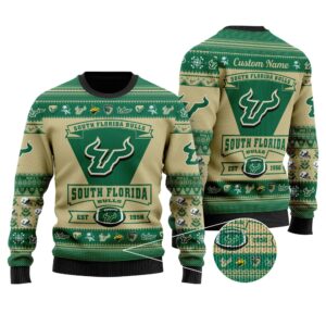 South Florida Bulls Football Team Logo Custom Name Personalized Ugly Christmas Sweater