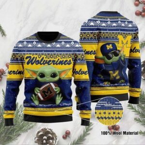 Sports Football Team Michigan Wolverines With Baby Yoda Holding The Ball Ugly Christmas Sweater