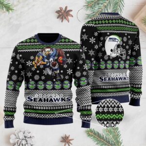Sports Football Team Seattle Seahawks With Blitz The Mascot And Helmet Ugly Christmas Sweater