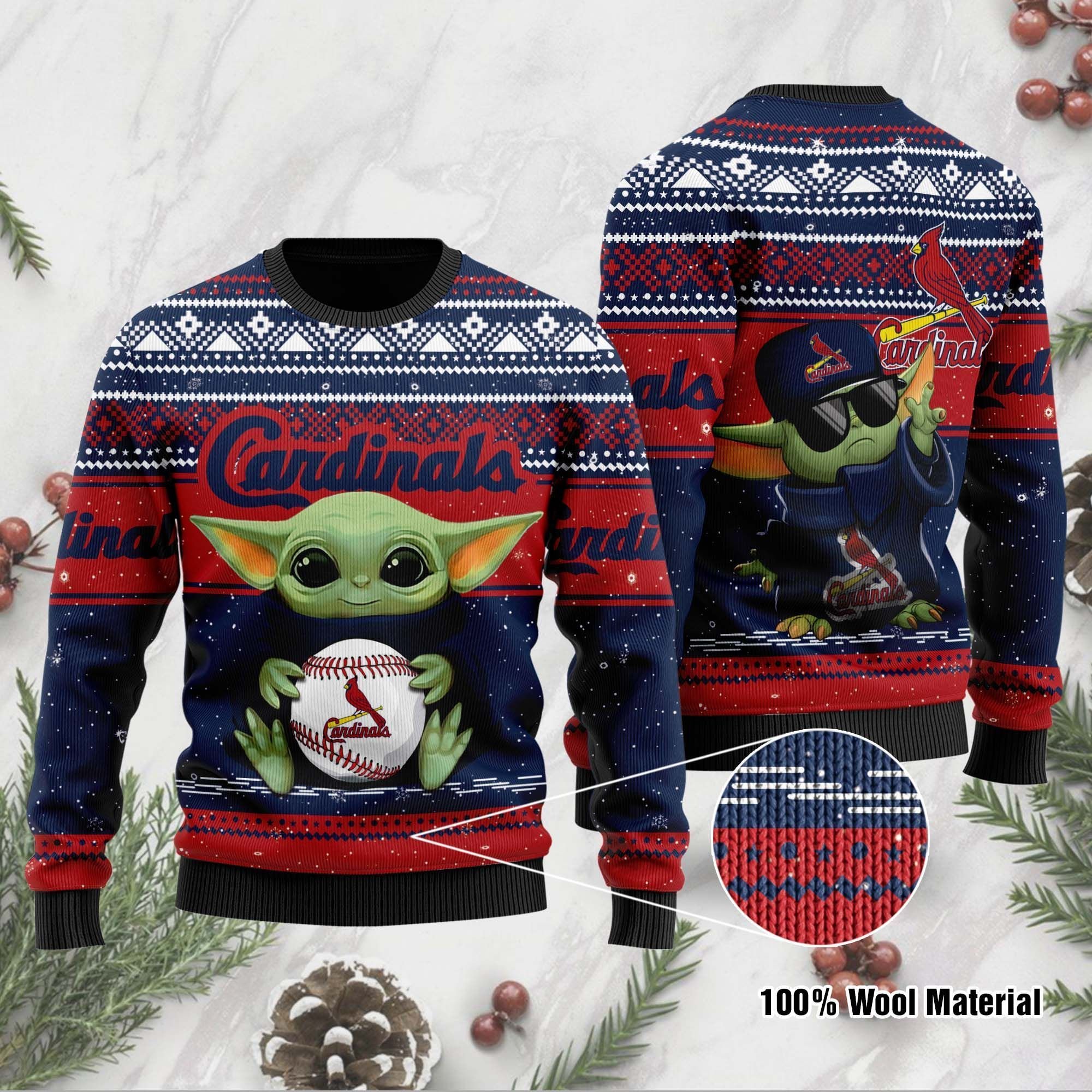 St Louis Cardinals Grogu Baby Yoda Hug Logo Ugly Christmas Sweater St Louis Cardinals Grogu Baby Yoda Hug Logo Ugly Christmas Sweater