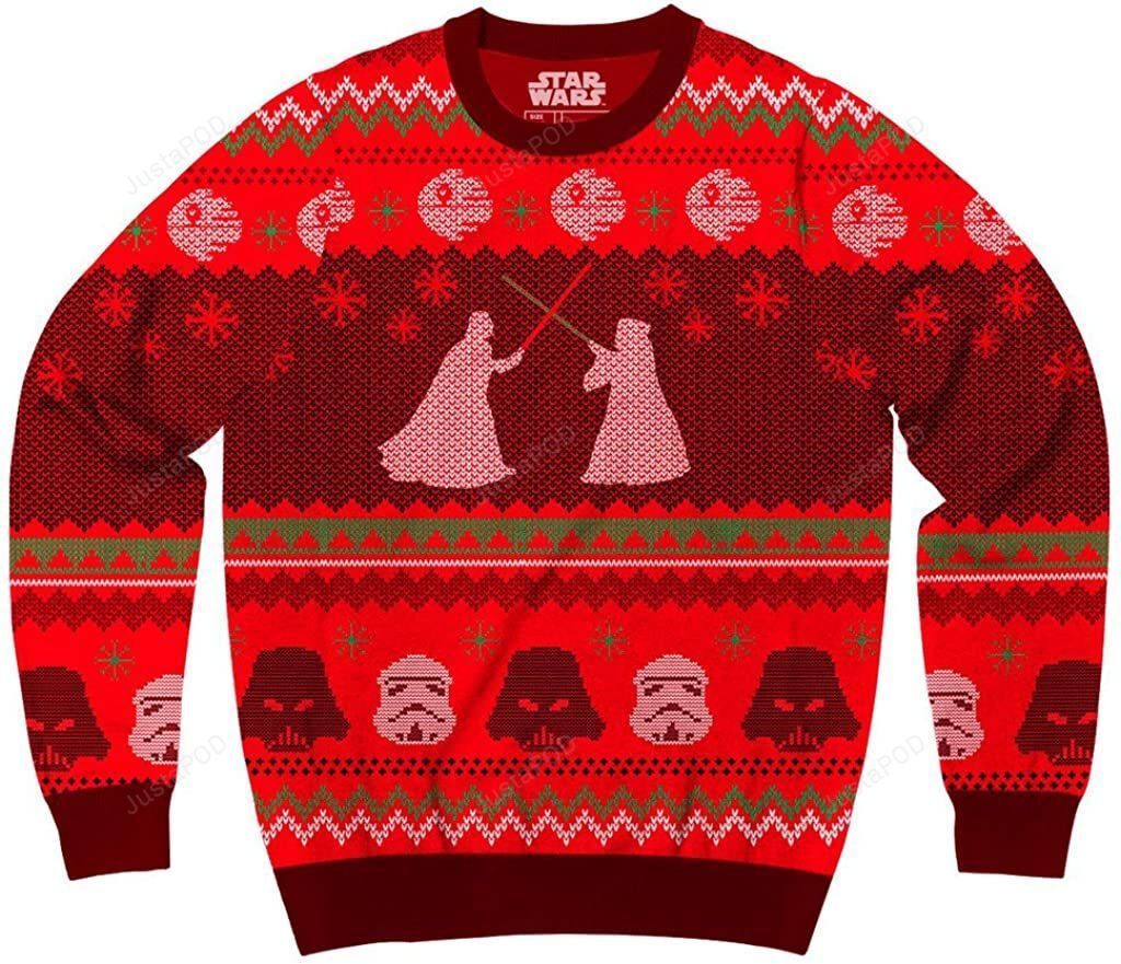 Star Wars Death Star Saber Showdown Adult Red Ugly Christmas Sweater Star Wars Death Star Saber Showdown Adult Red Ugly Christmas Sweater