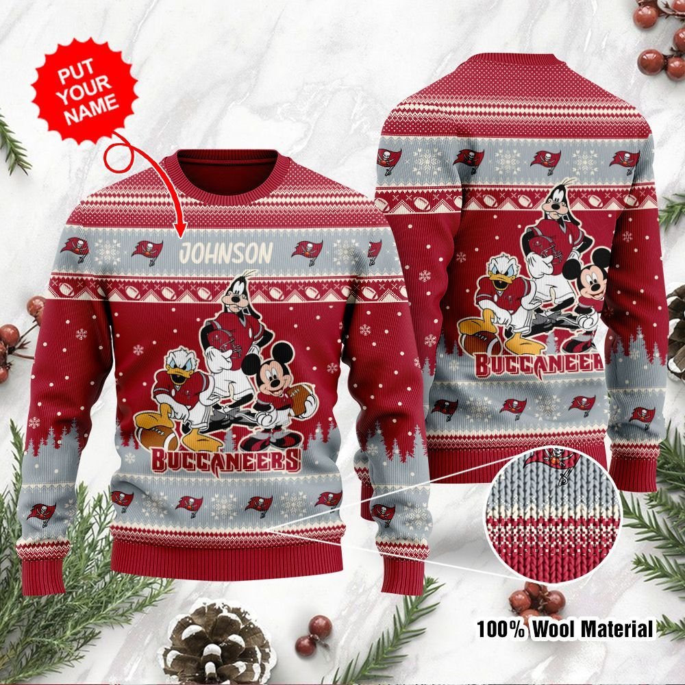 Tampa Bay Buccaneers Disney Donald Duck Mickey Mouse Goofy Personalized Ugly Christmas Sweater Tampa Bay Buccaneers Disney Donald Duck Mickey Mouse Goofy Personalized Ugly Christmas Sweater