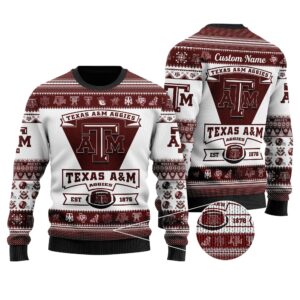 Texas A&M Aggies Football Team Logo Custom Name Personalized Ugly Christmas Sweater