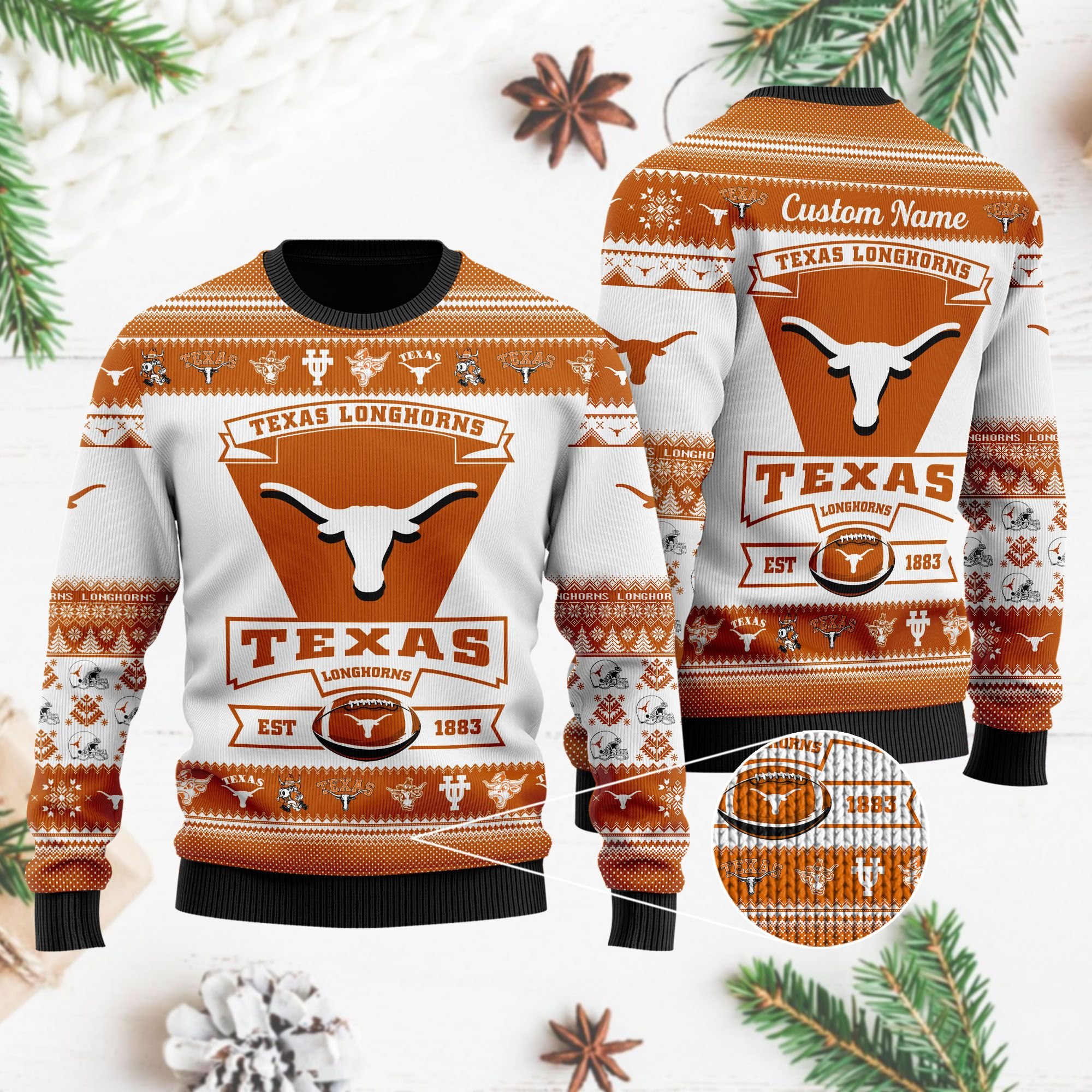 Texas Longhorns Football Team Logo Custom Name Personalized Ugly Christmas Sweater Texas Longhorns Football Team Logo Custom Name Personalized Ugly Christmas Sweater