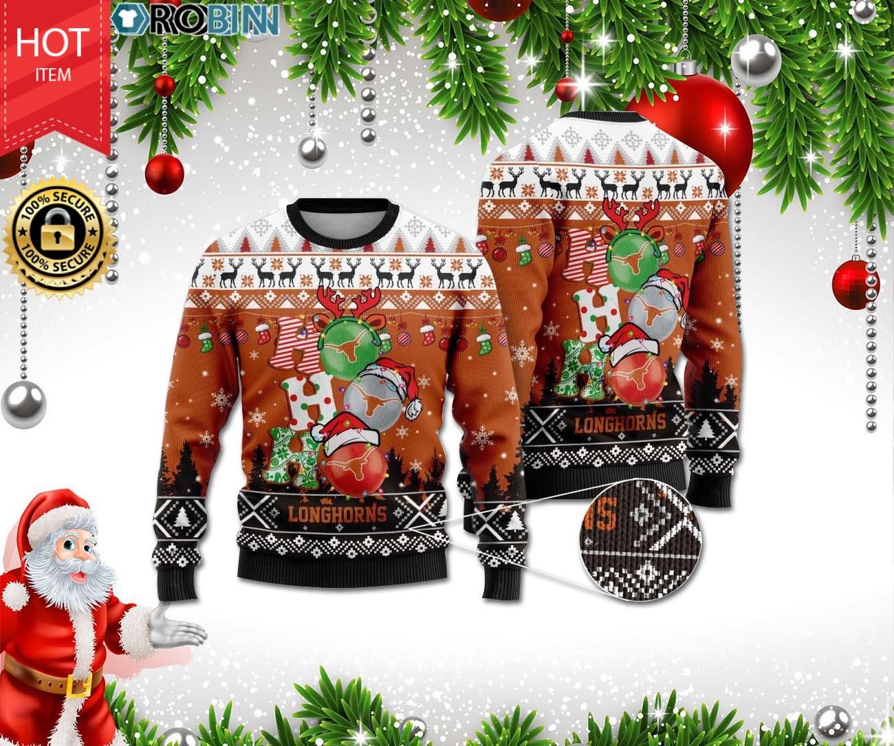 Texas Longhorns Ho Ho Ho 3D Print Christmas Wool Sweater Texas Longhorns Ho Ho Ho 3D Print Christmas Wool Sweater