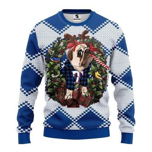 Texas Rangers Pug Dog For Unisex Ugly Christmas Sweater Texas Rangers Pug Dog For Unisex Ugly Christmas Sweater