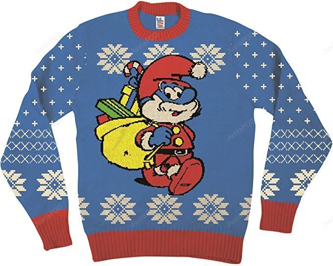 The Smurfs Papa Smurf As Santa Adult Blue Ugly Christmas Sweater The Smurfs Papa Smurf As Santa Adult Blue Ugly Christmas Sweater