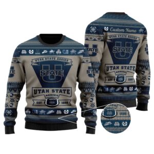 Utah State Aggies Football Team Logo Custom Name Personalized Ugly Christmas Sweater
