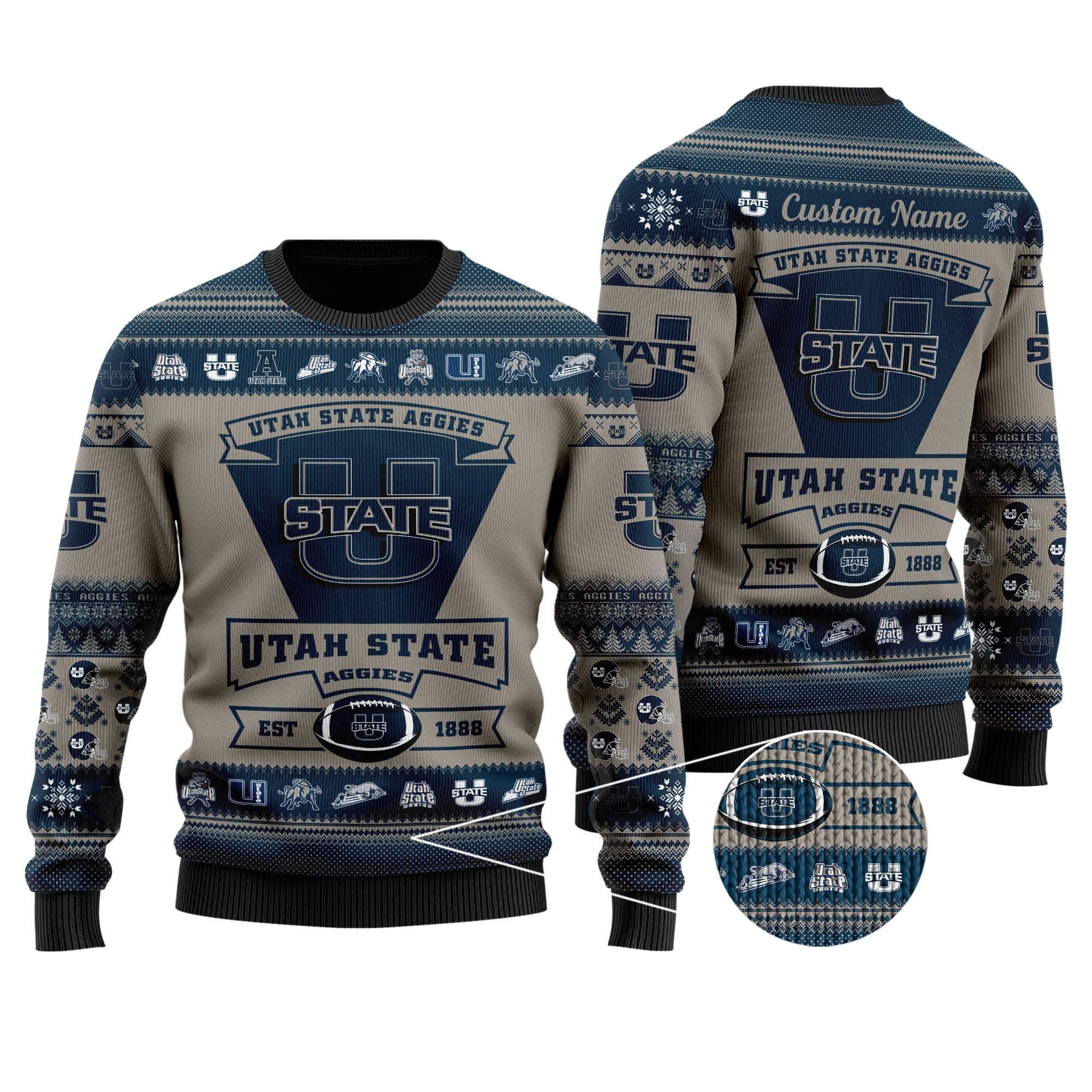 Utah State Aggies Football Team Logo Custom Name Personalized Ugly Christmas Sweater Utah State Aggies Football Team Logo Custom Name Personalized Ugly Christmas Sweater
