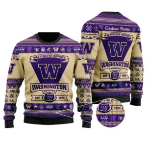 Washington Huskies Football Team Logo Custom Name Personalized Ugly Christmas Sweater