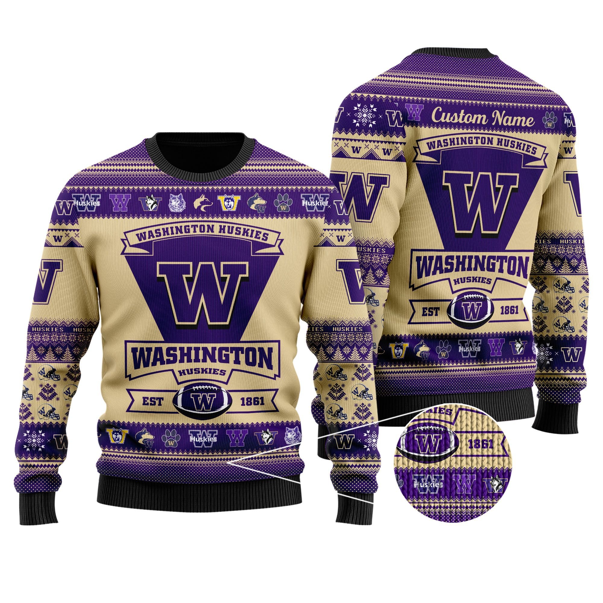 Washington Huskies Football Team Logo Custom Name Personalized Ugly Christmas Sweater Washington Huskies Football Team Logo Custom Name Personalized Ugly Christmas Sweater