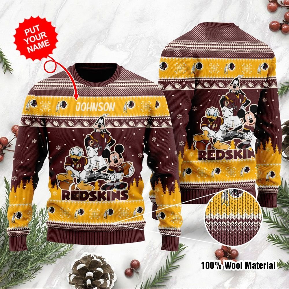 Washington Redskins Disney Donald Duck Mickey Mouse Goofy Personalized Ugly Christmas Sweater Washington Redskins Disney Donald Duck Mickey Mouse Goofy Personalized Ugly Christmas Sweater