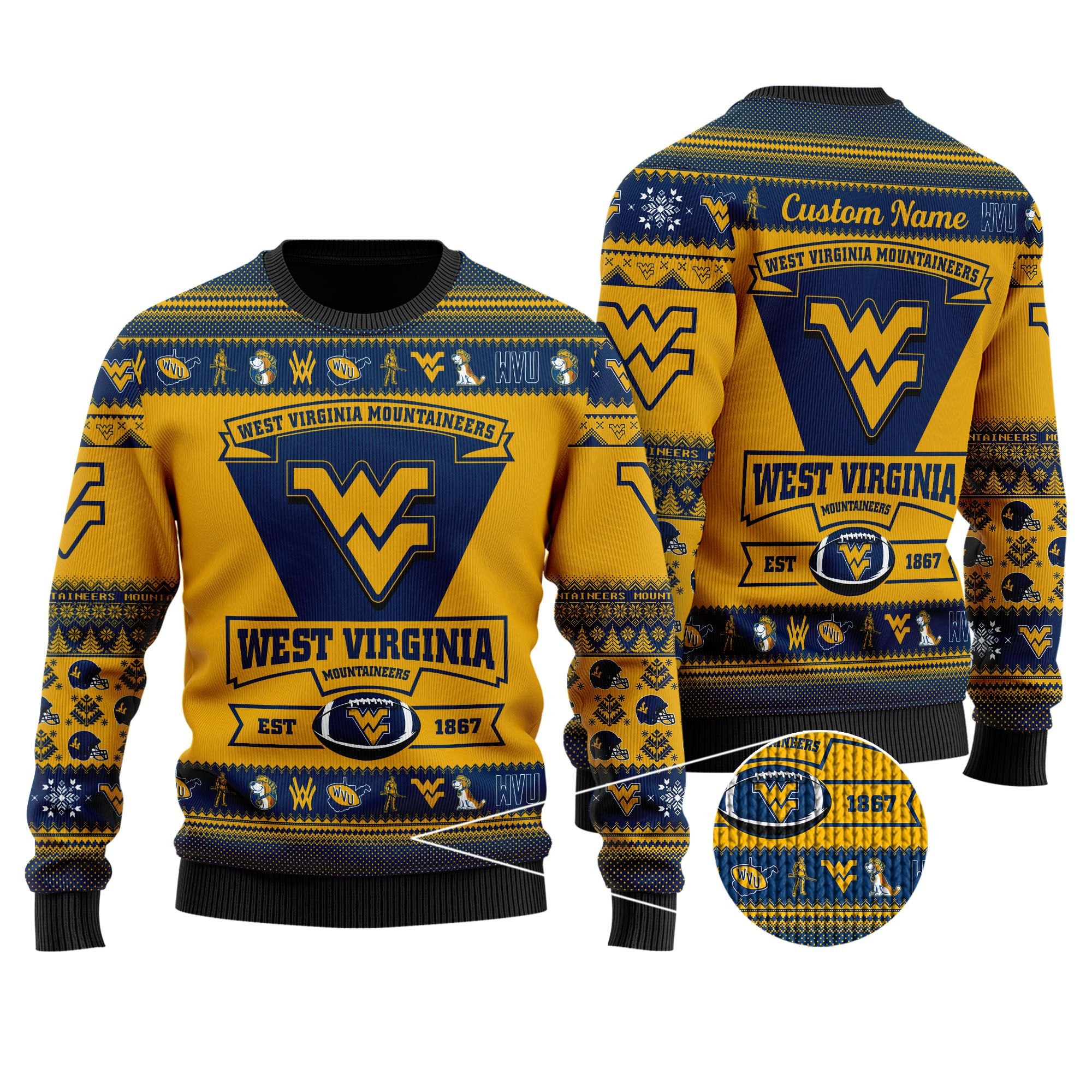 West Virginia Mountaineers Football Team Logo Personalized Ugly Christmas Sweater West Virginia Mountaineers Football Team Logo Personalized Ugly Christmas Sweater