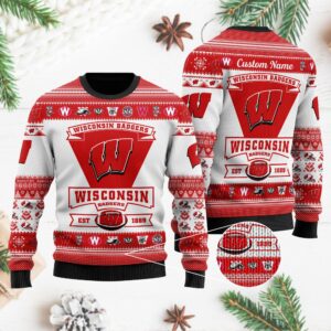 Wisconsin Badgers Football Team Logo Custom Name Personalized Ugly Christmas Sweater