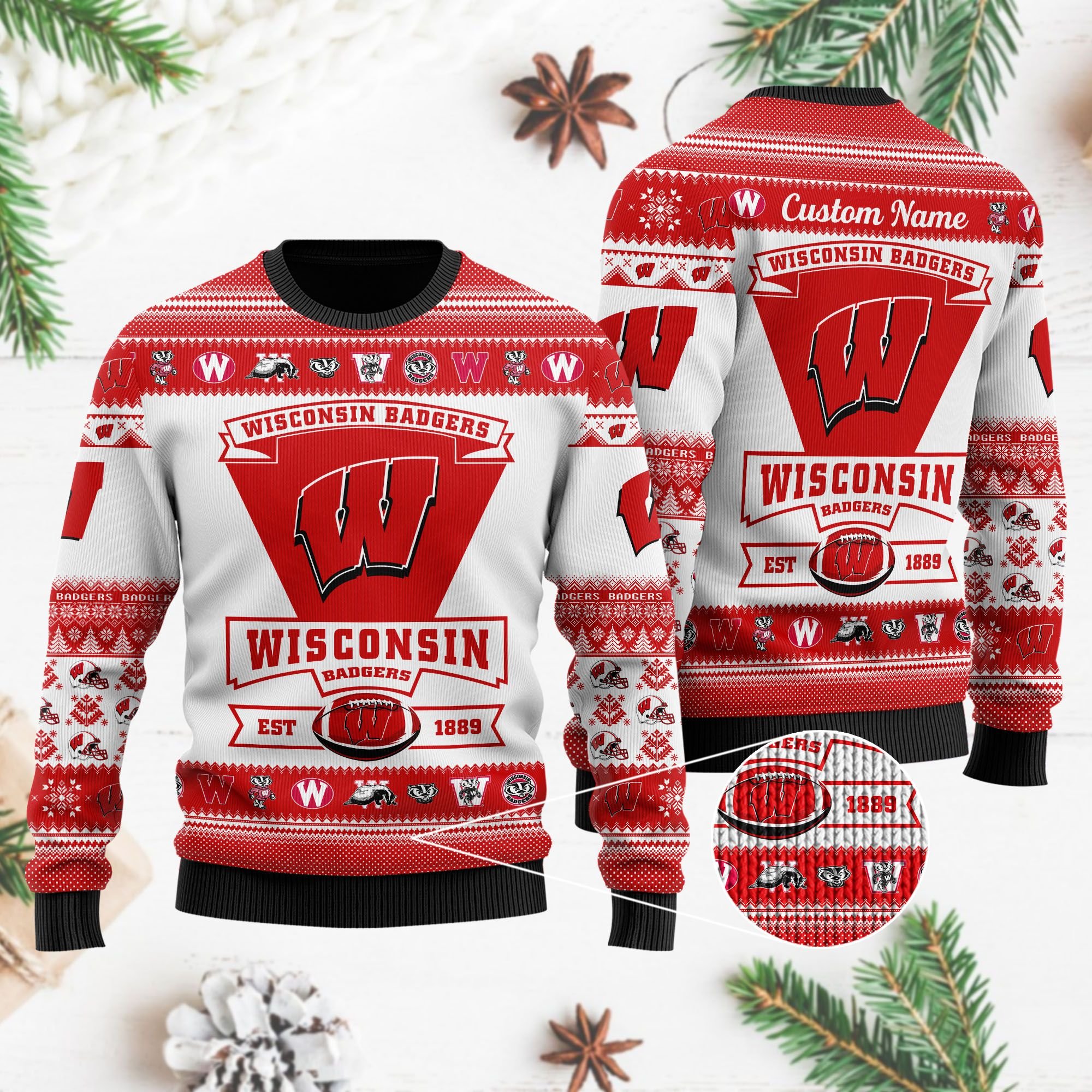 Wisconsin Badgers Football Team Logo Custom Name Personalized Ugly Christmas Sweater Wisconsin Badgers Football Team Logo Custom Name Personalized Ugly Christmas Sweater