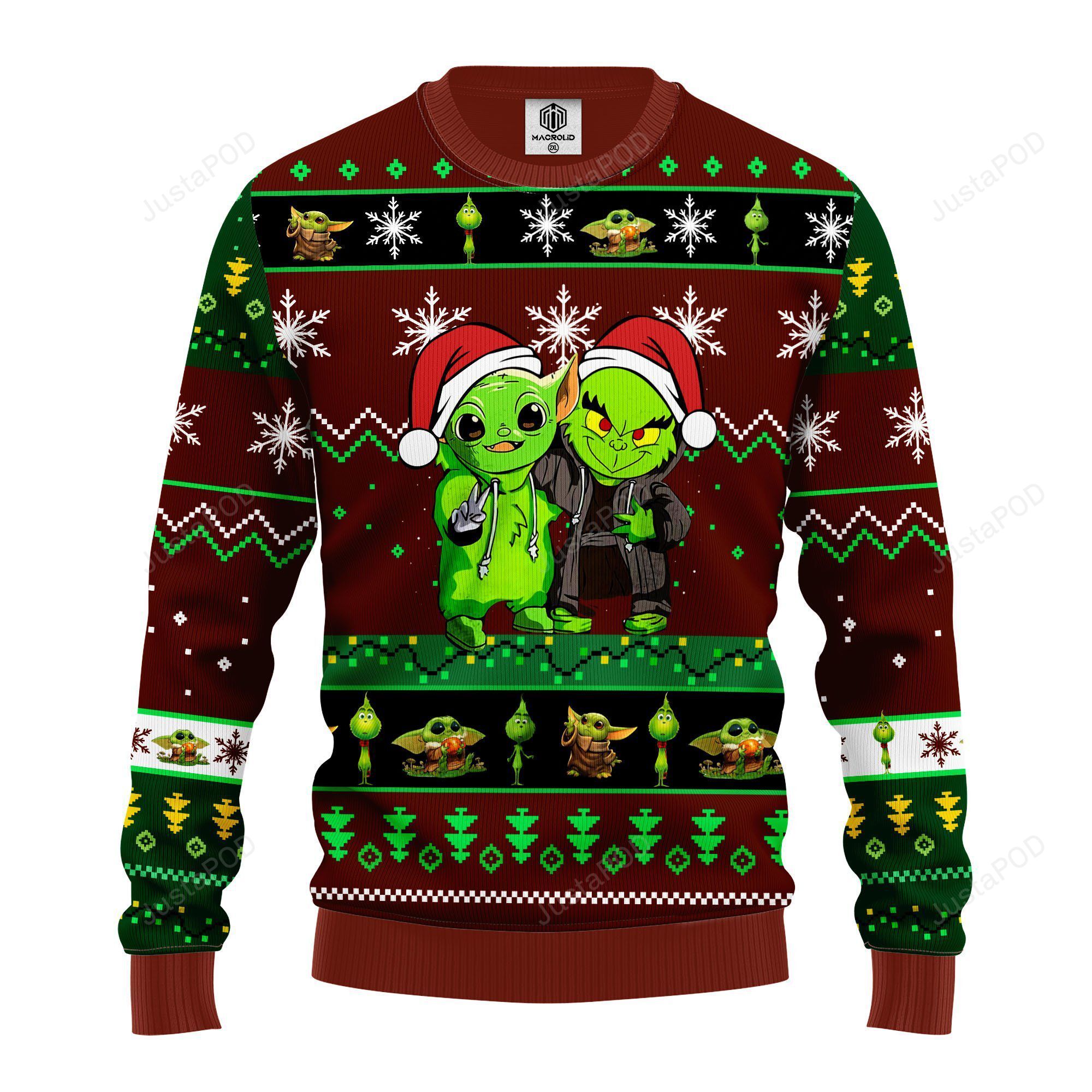 Yoda And Grinch Ugly Christmas Sweater Brown Green Yoda And Grinch Ugly Christmas Sweater Brown Green